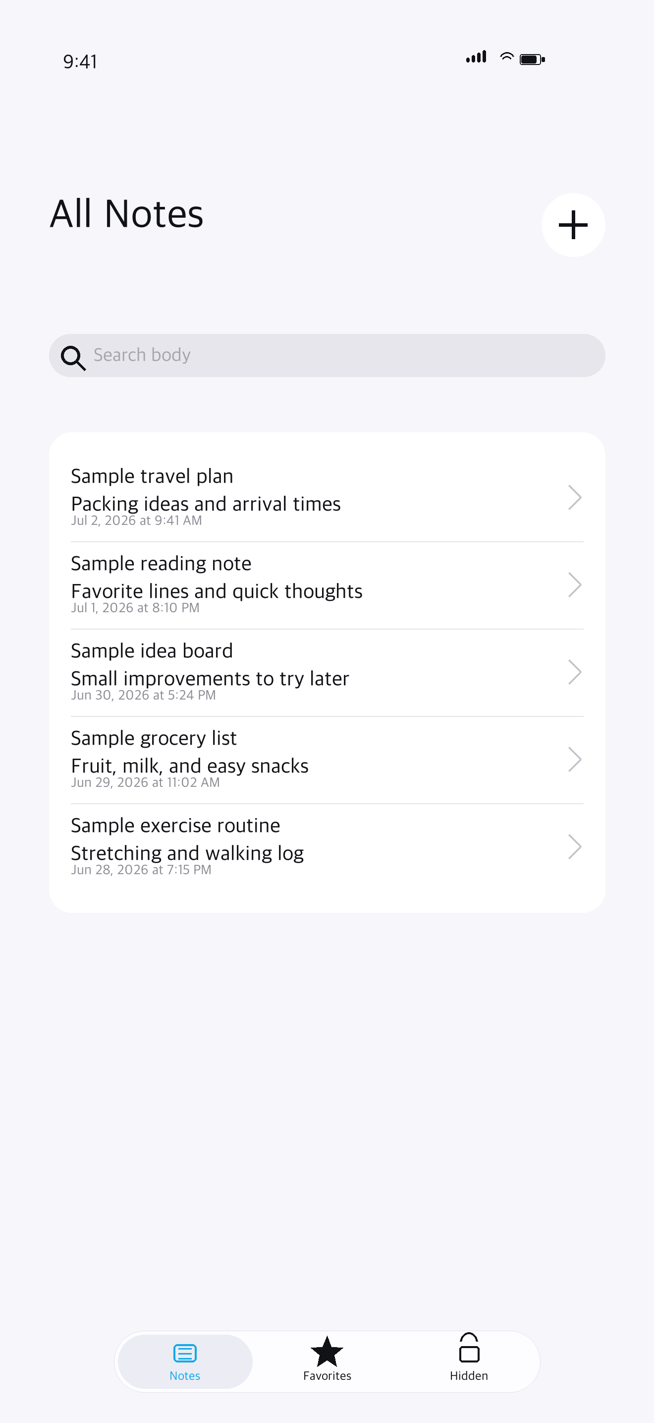 OctiNote notes inbox on iPhone