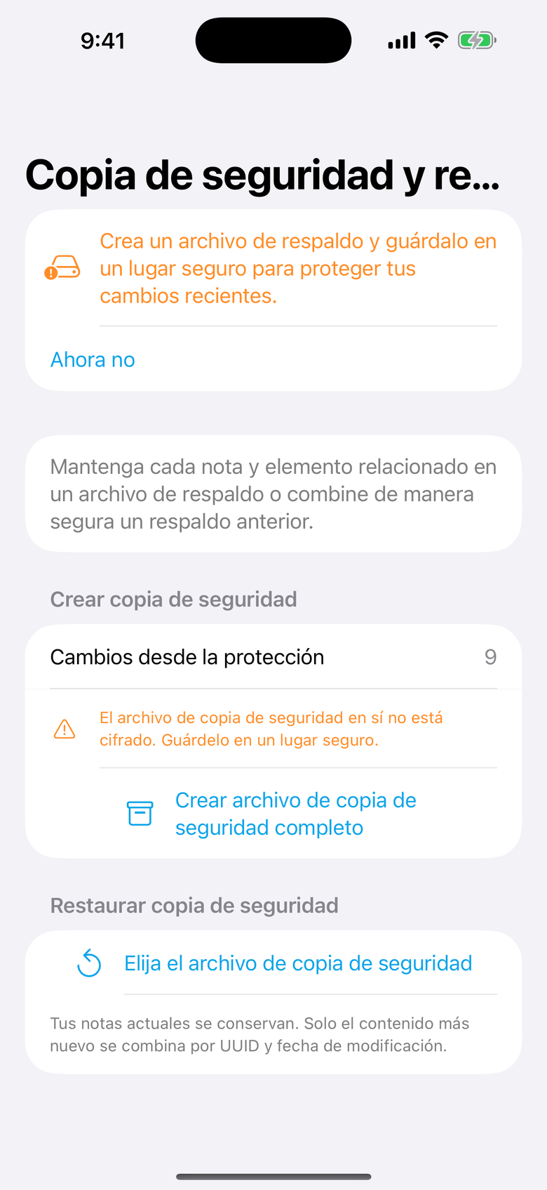 Copia de seguridad y restauración — OctiNote