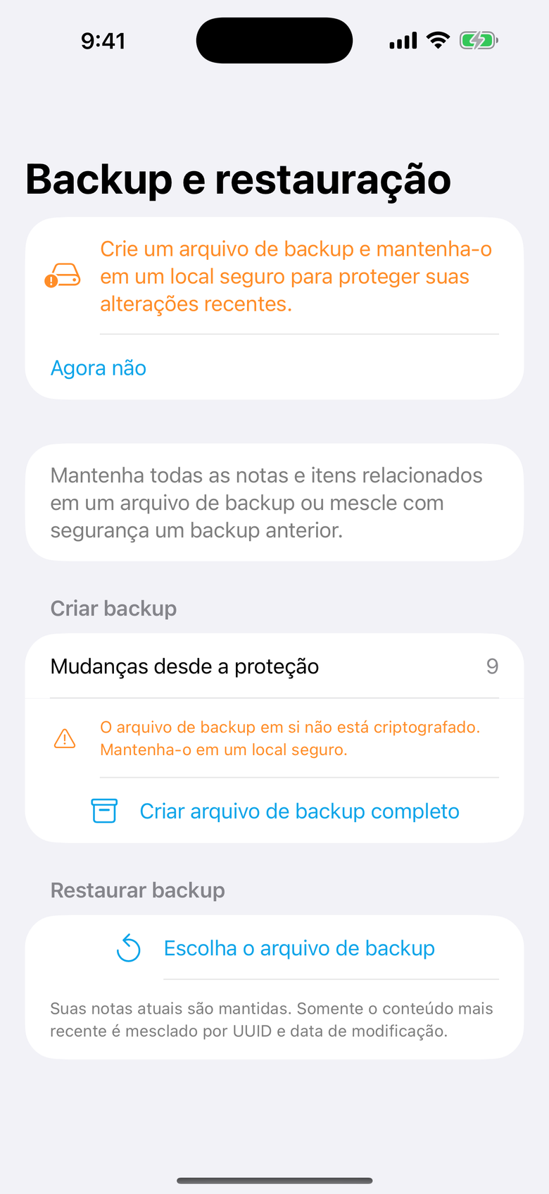 Backup e restauração — OctiNote